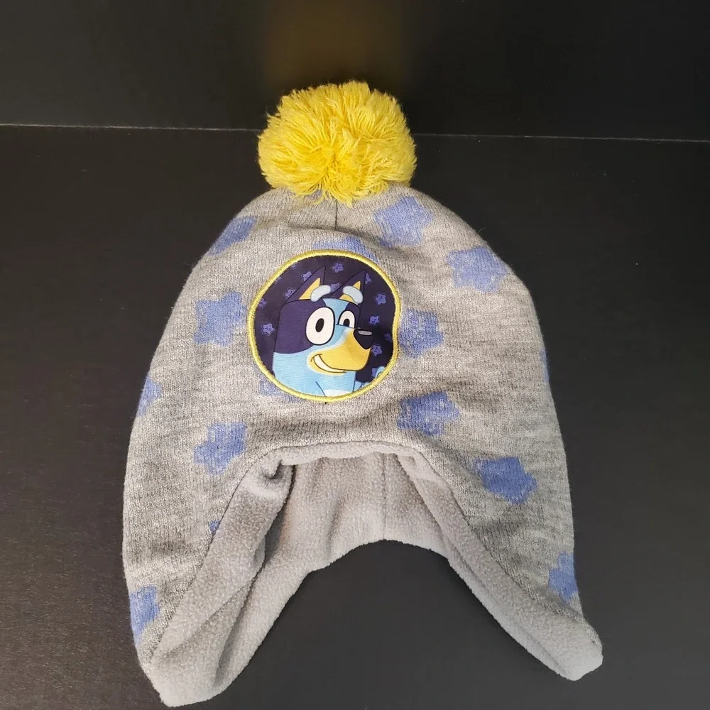 Toddler‎ Size BLUEY Knit Hat Fleece Lined With Ear Flaps, Yellow Pom OSFM